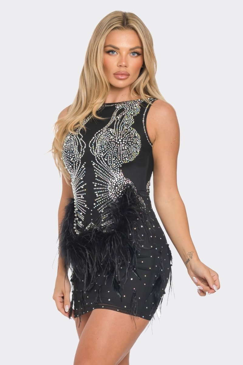 Sienna Rhinestone Feathered Mini Dress - HOUSE OF SHE