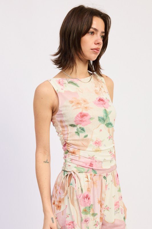 SLEEVELESS BOAT NECK TOP WITH SIDE SHIRRING - HOUSE OF SHE