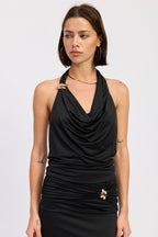 SLEEVELESS COWL NECK TOP WITH GOLD TRIM - HOUSE OF SHE