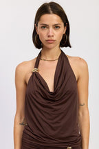 SLEEVELESS COWL NECK TOP WITH GOLD TRIM - HOUSE OF SHE