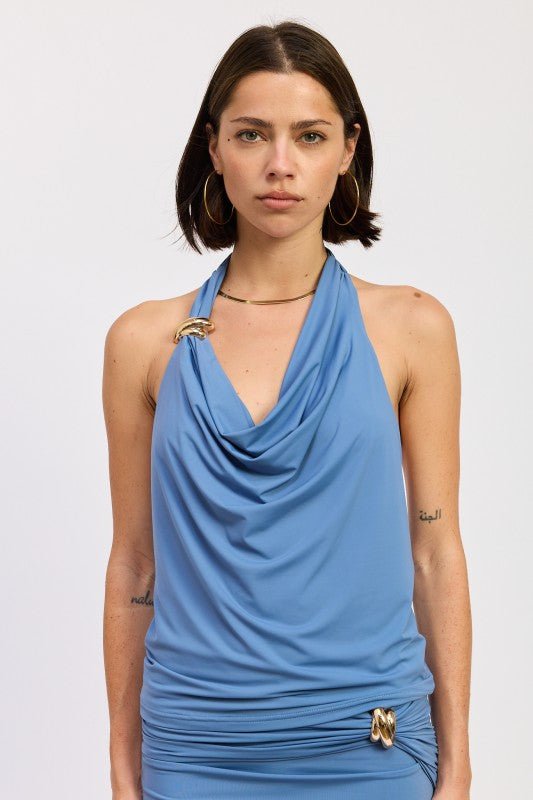 SLEEVELESS COWL NECK TOP WITH GOLD TRIM - HOUSE OF SHE