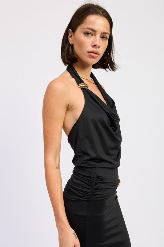SLEEVELESS COWL NECK TOP WITH GOLD TRIM - HOUSE OF SHE