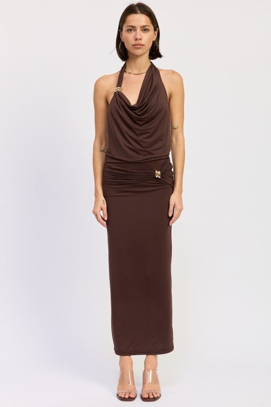 SLEEVELESS COWL NECK TOP WITH GOLD TRIM - HOUSE OF SHE