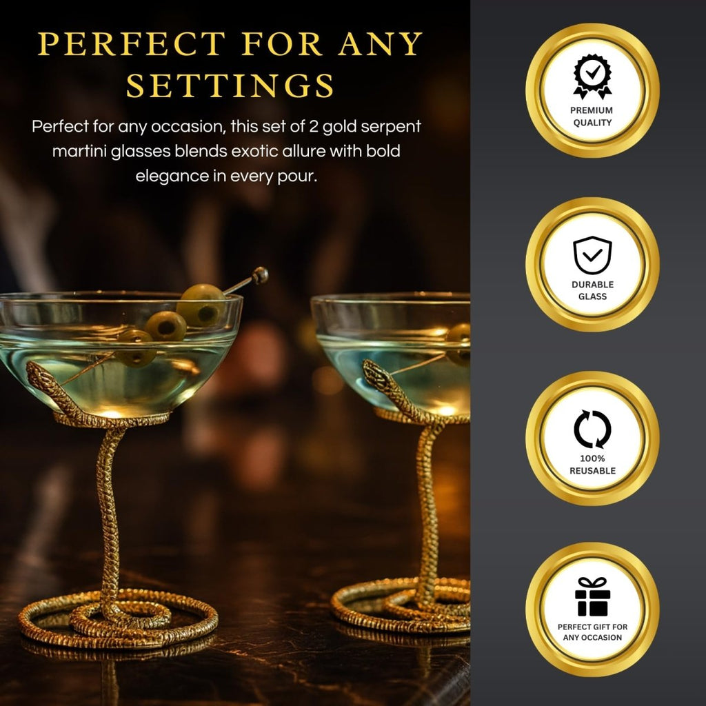 Snake Serpent Cocktail Glasses - 2 Set Gold Design Unique Reptile Inspired Barware - HOUSE OF SHE