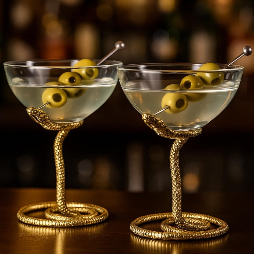Snake Serpent Cocktail Glasses - 2 Set Gold Design Unique Reptile Inspired Barware - HOUSE OF SHE