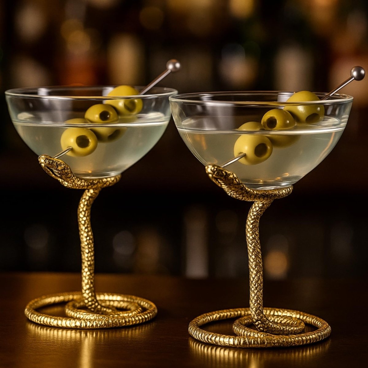 Snake Serpent Cocktail Glasses - 2 Set Gold Design Unique Reptile Inspired Barware - HOUSE OF SHE