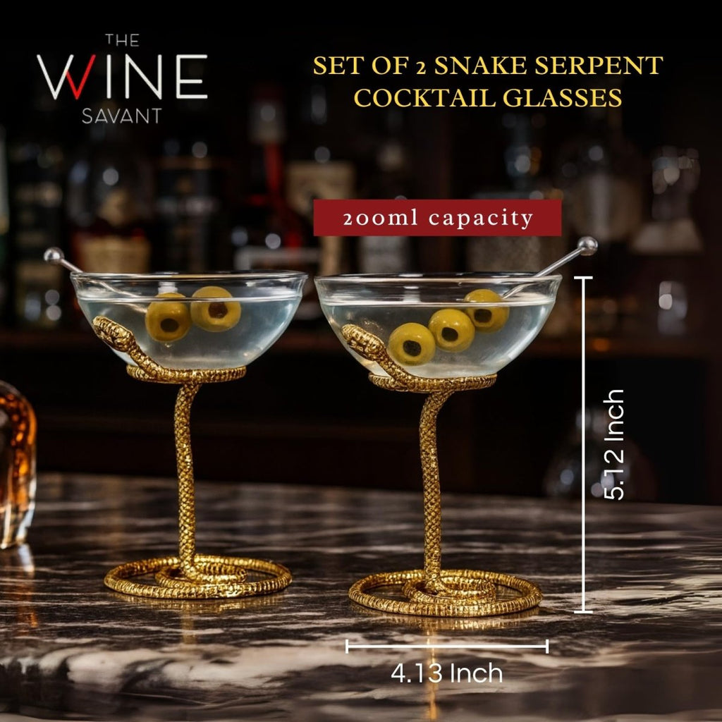 Snake Serpent Cocktail Glasses - 2 Set Gold Design Unique Reptile Inspired Barware - HOUSE OF SHE