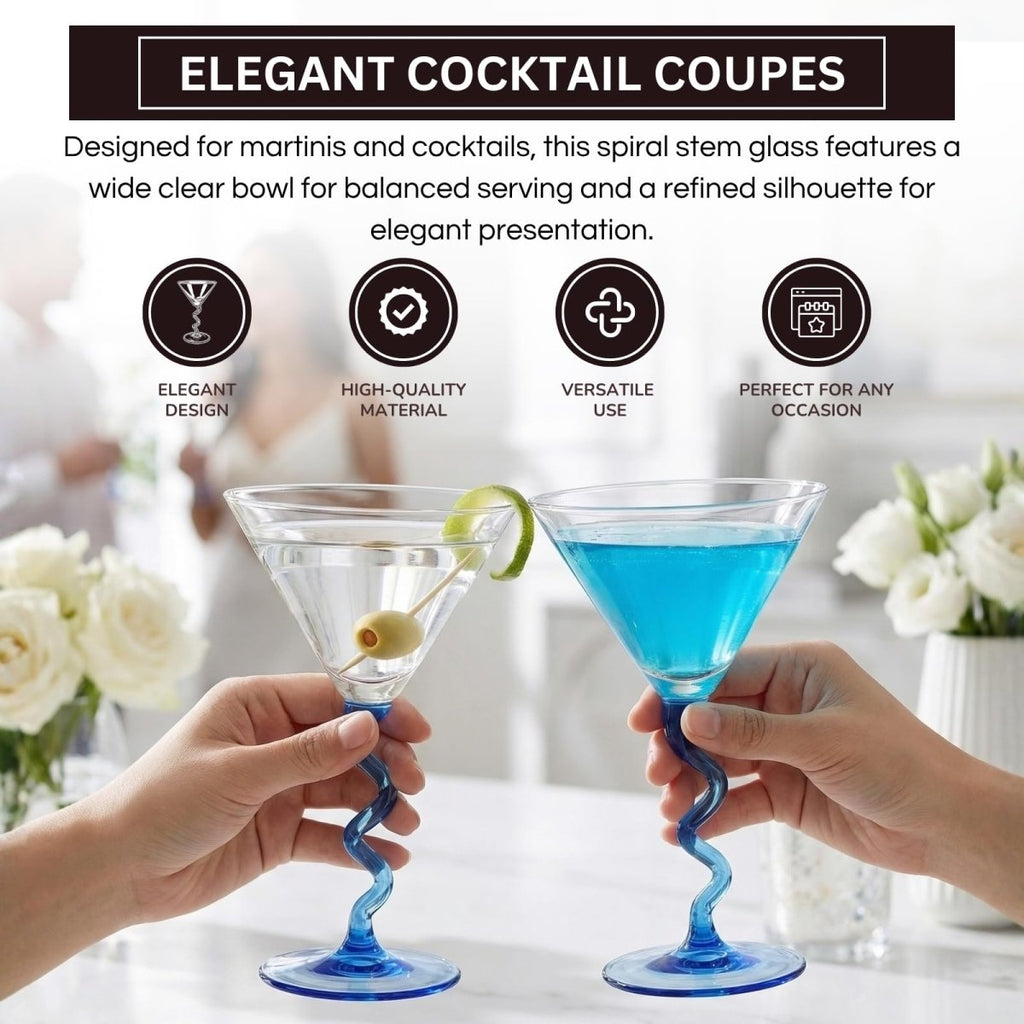 Spiral Stem Martini Glasses Set of 2, 9.2oz 7.05" Blue - HOUSE OF SHE