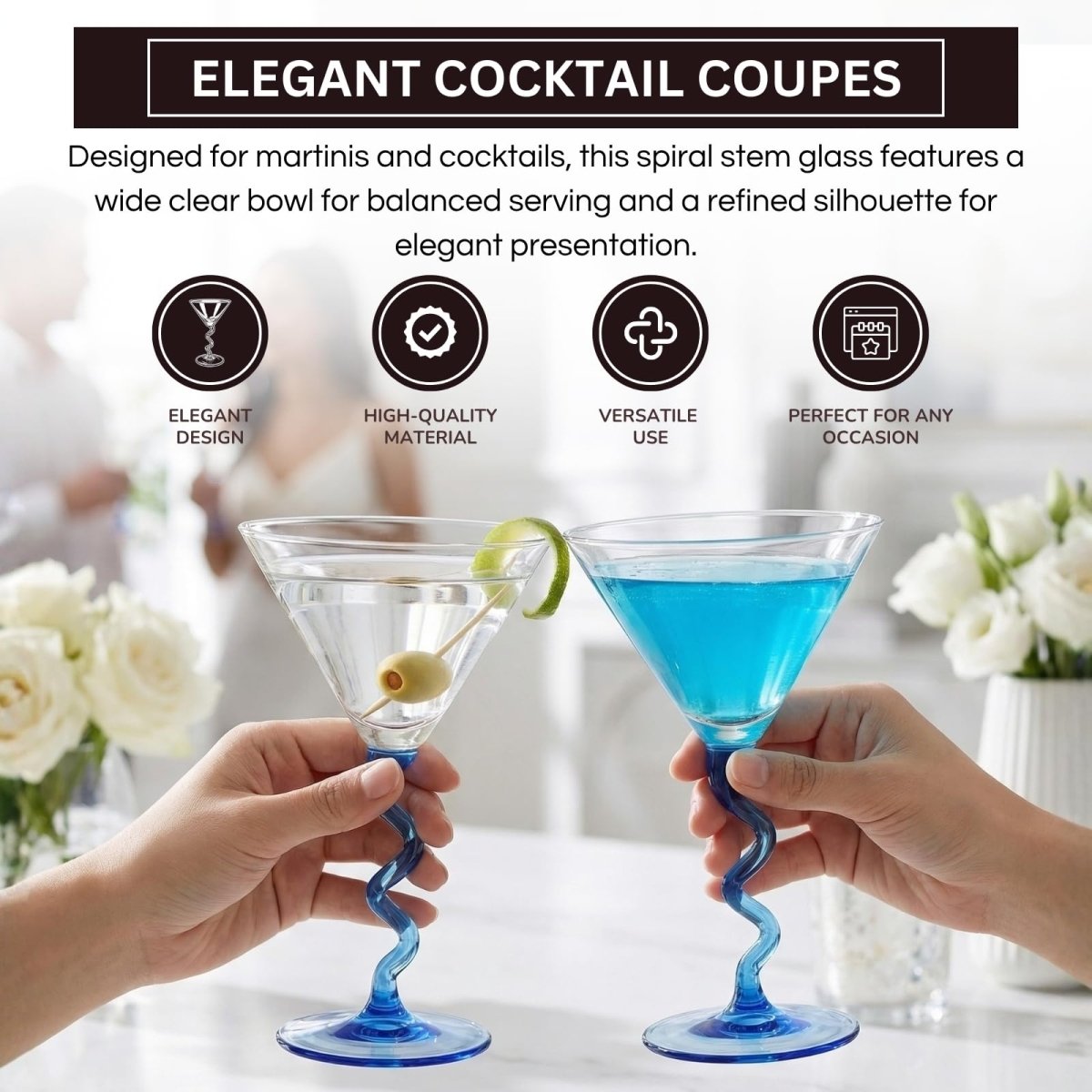 Spiral Stem Martini Glasses Set of 2, 9.2oz 7.05" Blue - HOUSE OF SHE