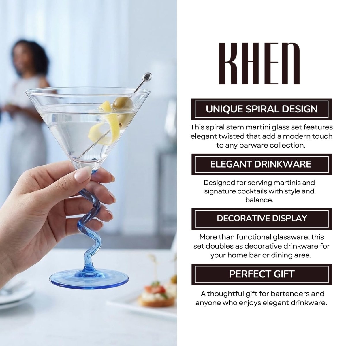Spiral Stem Martini Glasses Set of 2, 9.2oz 7.05" Blue - HOUSE OF SHE