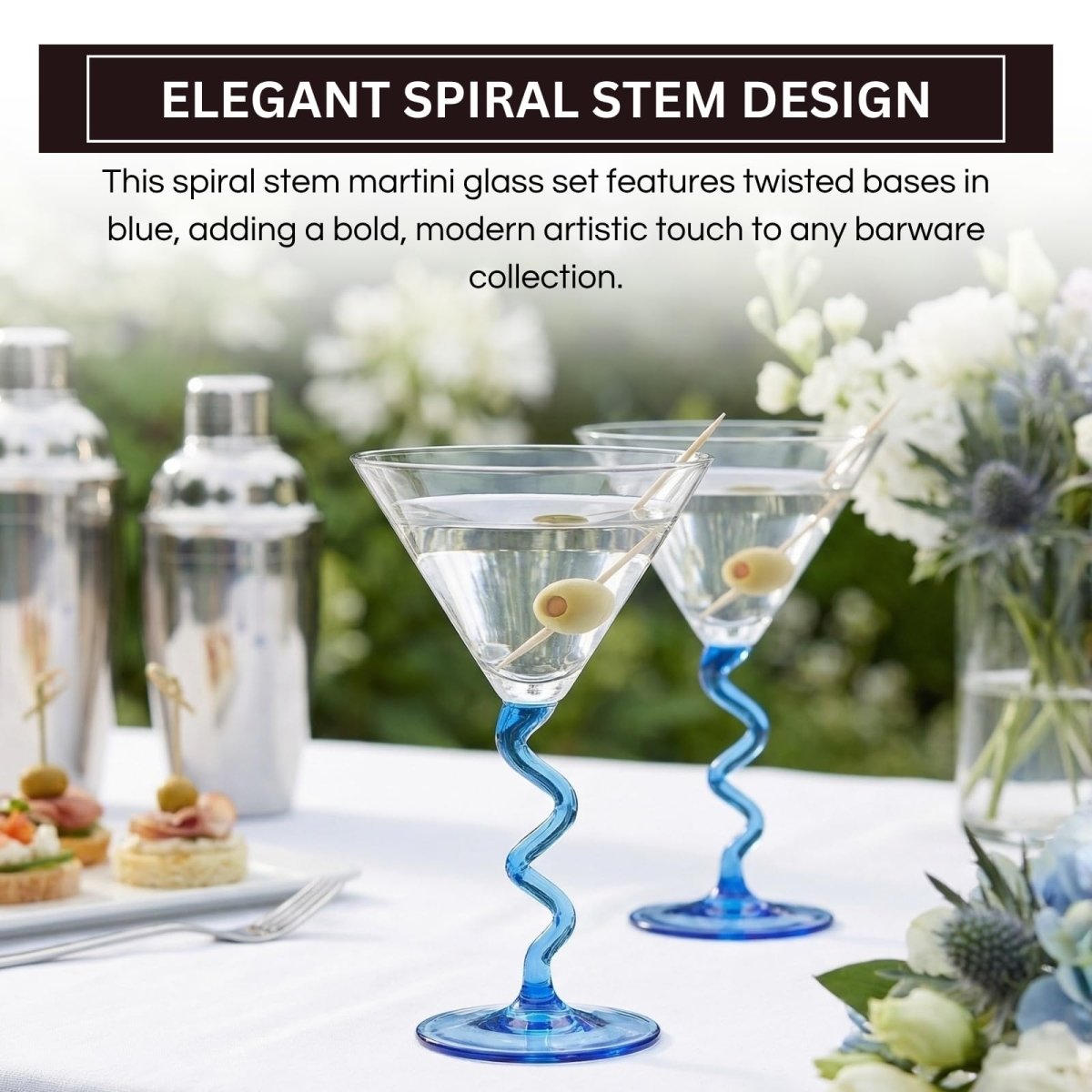 Spiral Stem Martini Glasses Set of 2, 9.2oz 7.05" Blue - HOUSE OF SHE