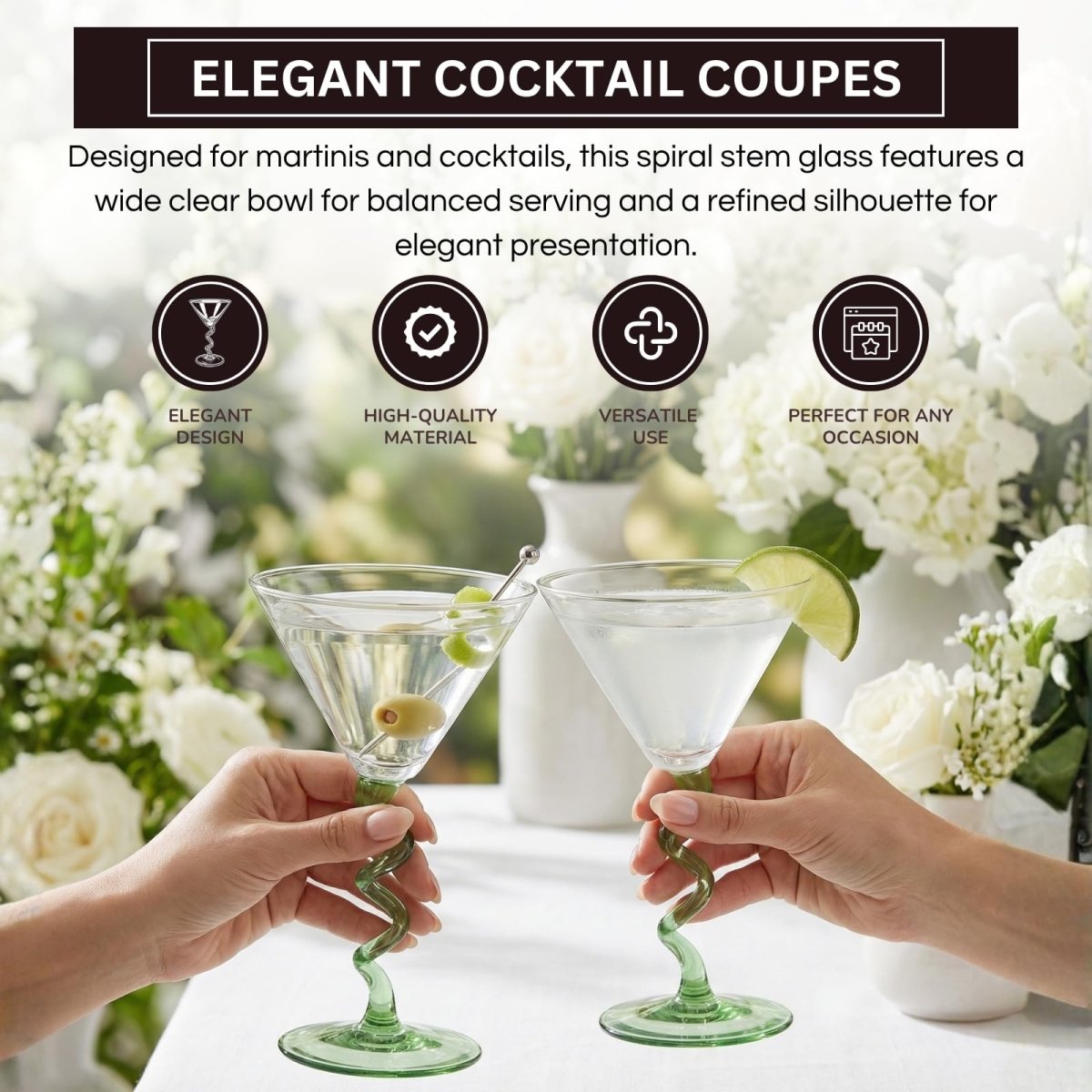 Spiral Stem Martini Glasses Set of 2, 9.2oz 7.05" Green - HOUSE OF SHE