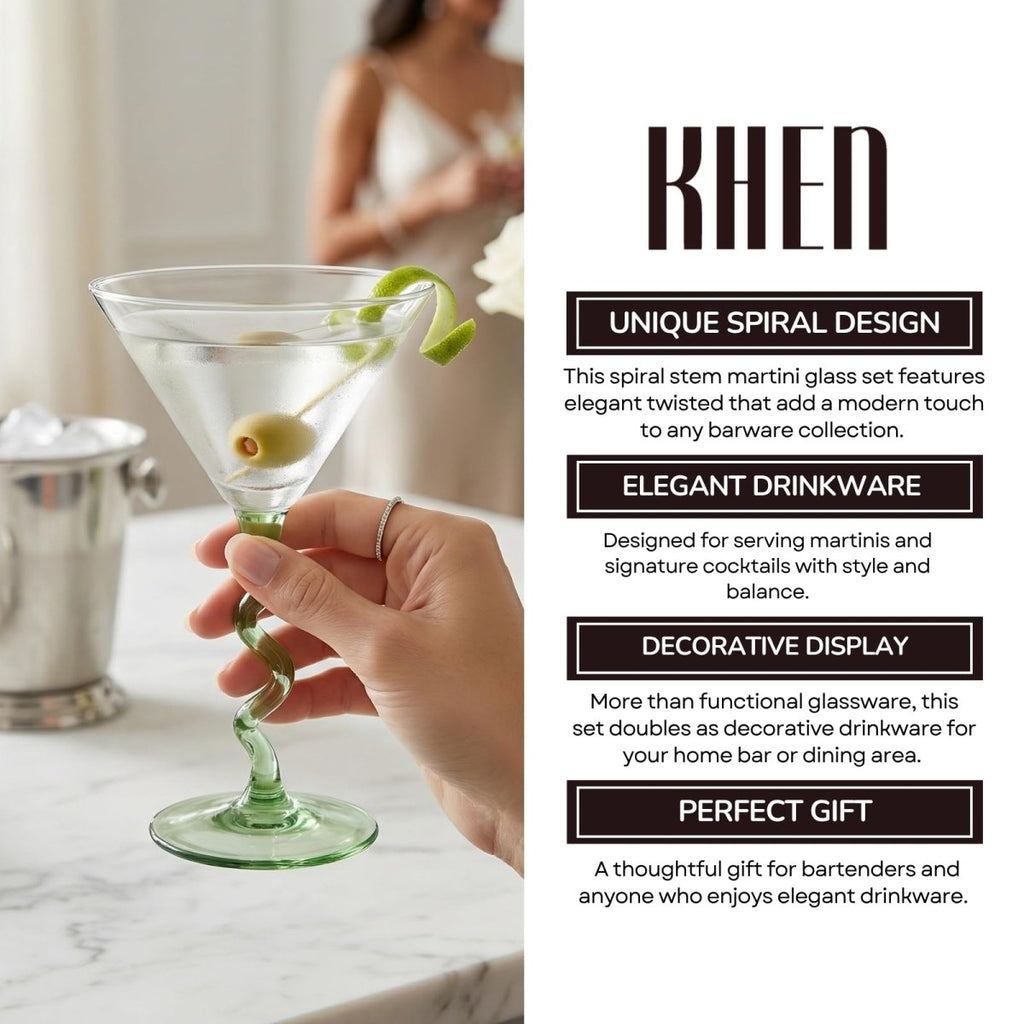 Spiral Stem Martini Glasses Set of 2, 9.2oz 7.05" Green - HOUSE OF SHE