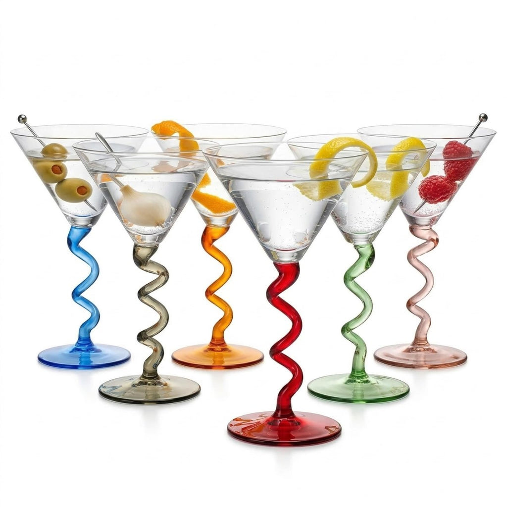 Spiral Stem Martini Glasses Set of 6, 9.2oz 7.05" Multicolor Twisted Base Glass - HOUSE OF SHE