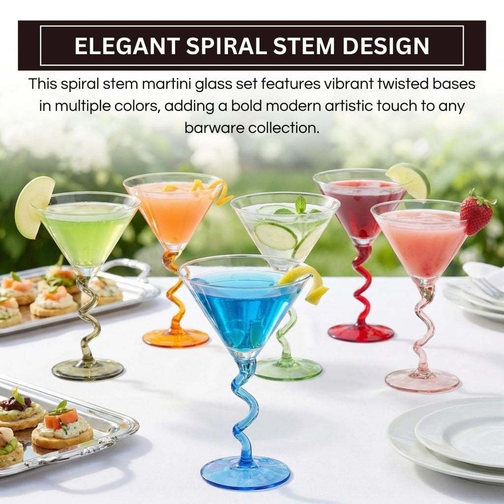 Spiral Stem Martini Glasses Set of 6, 9.2oz 7.05" Multicolor Twisted Base Glass - HOUSE OF SHE