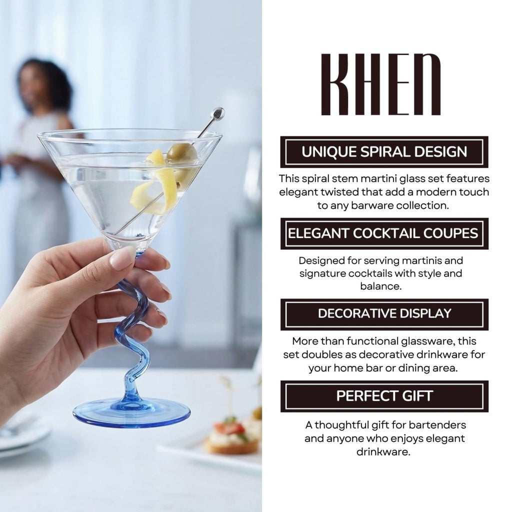 Spiral Stem Martini Glasses Set of 6, 9.2oz 7.05" Multicolor Twisted Base Glass - HOUSE OF SHE