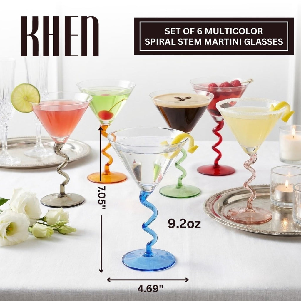 Spiral Stem Martini Glasses Set of 6, 9.2oz 7.05" Multicolor Twisted Base Glass - HOUSE OF SHE