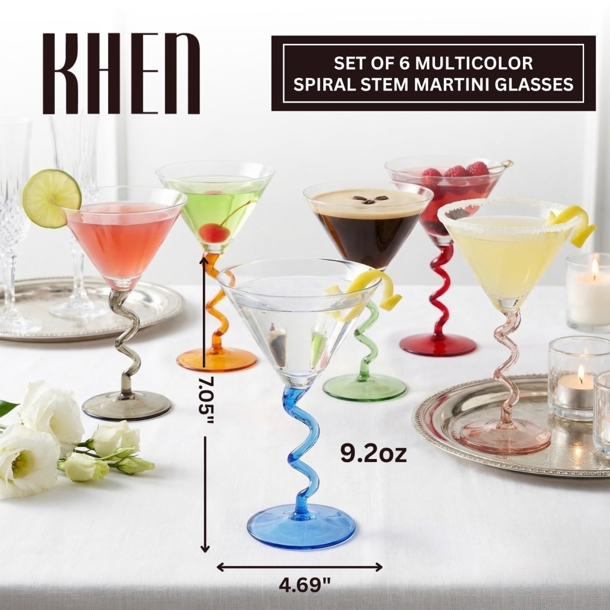 Spiral Stem Martini Glasses Set of 6, 9.2oz 7.05" Multicolor Twisted Base Glass - HOUSE OF SHE