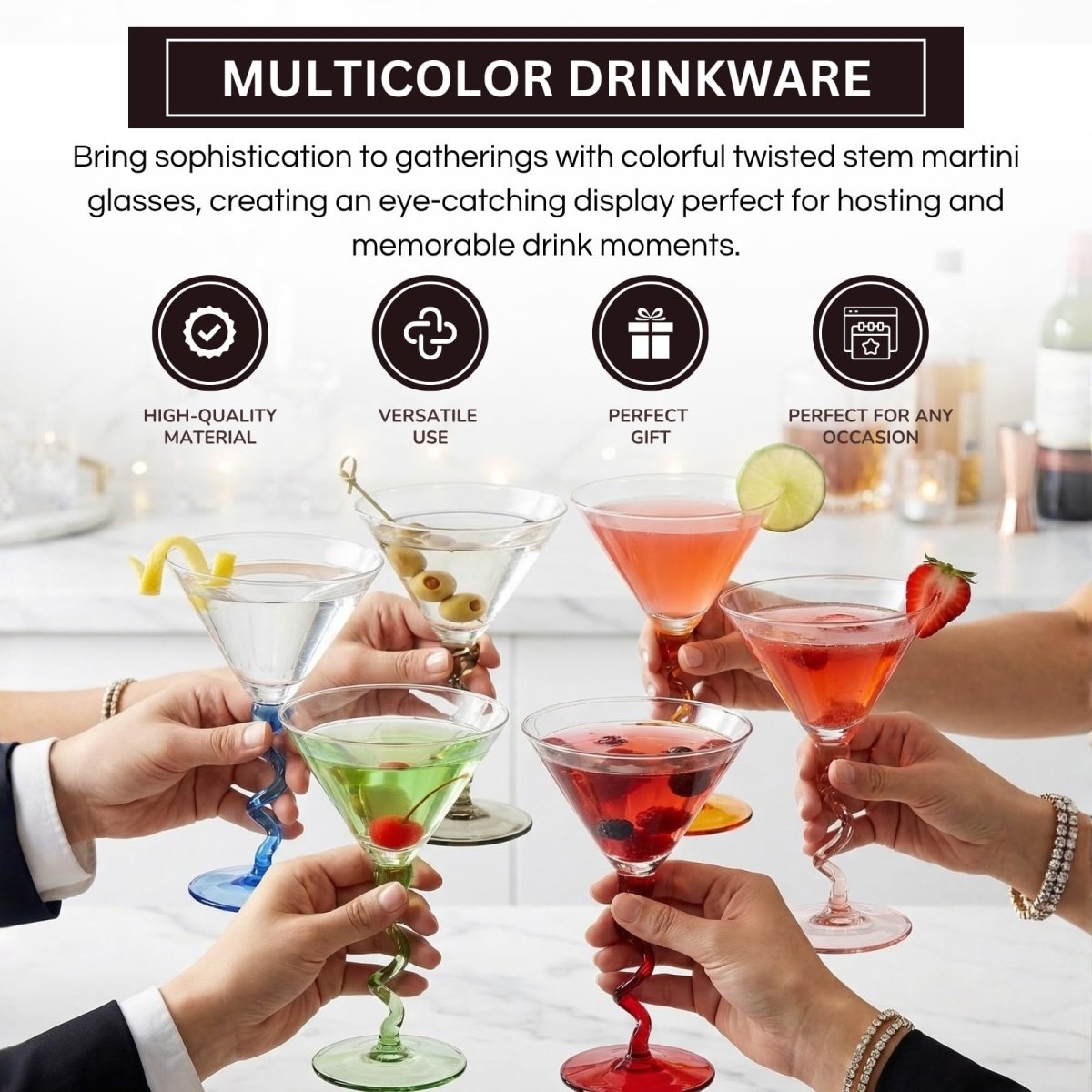 Spiral Stem Martini Glasses Set of 6, 9.2oz 7.05" Multicolor Twisted Base Glass - HOUSE OF SHE