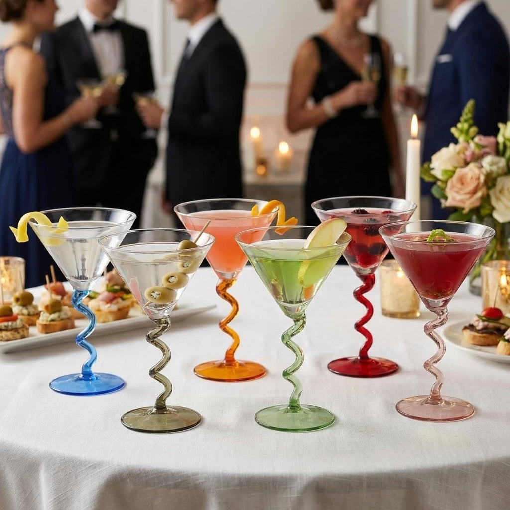 Spiral Stem Martini Glasses Set of 6, 9.2oz 7.05" Multicolor Twisted Base Glass - HOUSE OF SHE