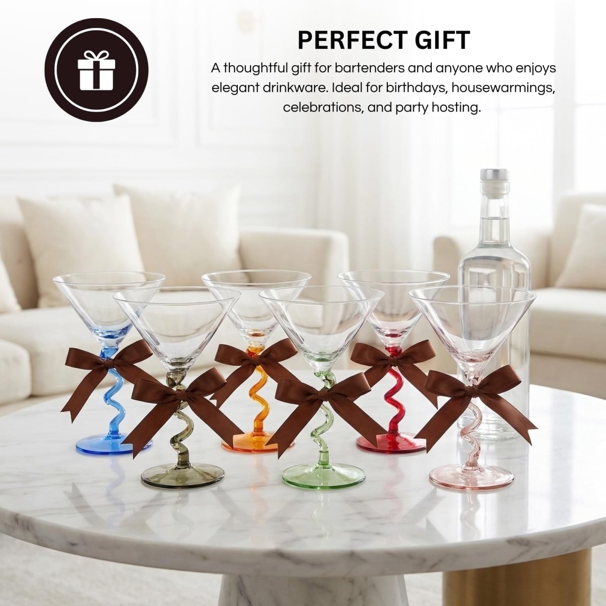 Spiral Stem Martini Glasses Set of 6, 9.2oz 7.05" Multicolor Twisted Base Glass - HOUSE OF SHE