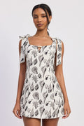 SQAURE NECK FITTED MINI DRESS WITH TIE STRAPS - HOUSE OF SHE
