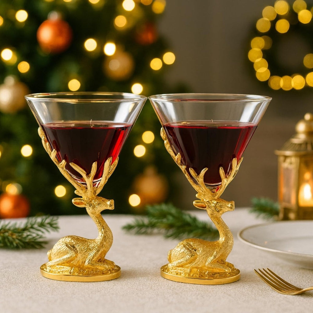 Stag Antler Cocktail Glasses Set of 2 Gold Deer Design Elegant Animal Inspired Barware - HOUSE OF SHE