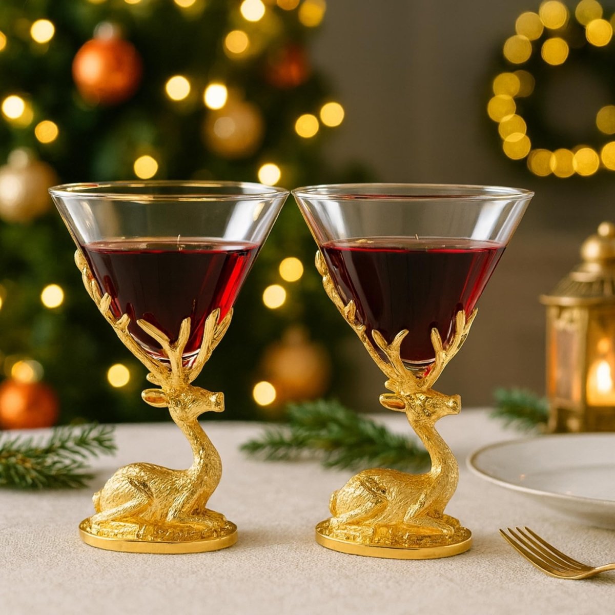 Stag Antler Cocktail Glasses Set of 2 Gold Deer Design Elegant Animal Inspired Barware - HOUSE OF SHE