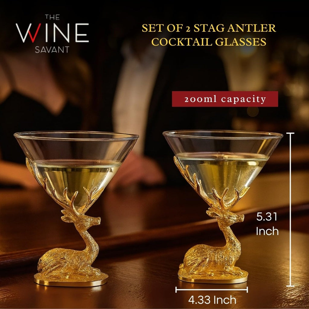 Stag Antler Cocktail Glasses Set of 2 Gold Deer Design Elegant Animal Inspired Barware - HOUSE OF SHE