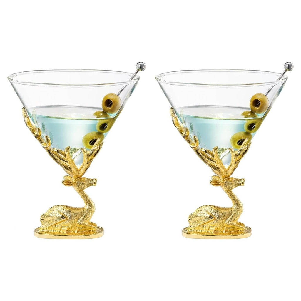 Stag Antler Cocktail Glasses Set of 2 Gold Deer Design Elegant Animal Inspired Barware - HOUSE OF SHE