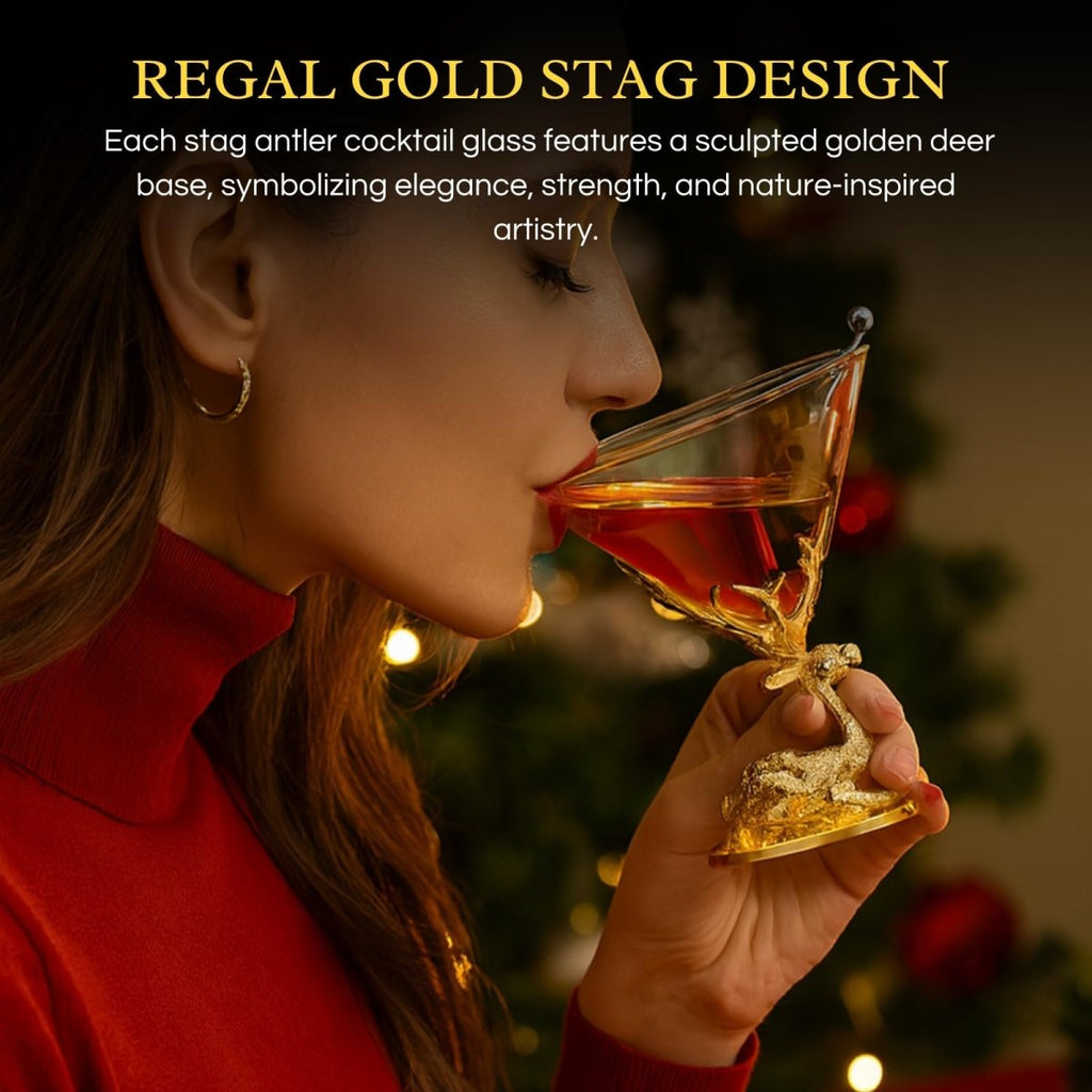 Stag Antler Cocktail Glasses Set of 2 Gold Deer Design Elegant Animal Inspired Barware - HOUSE OF SHE