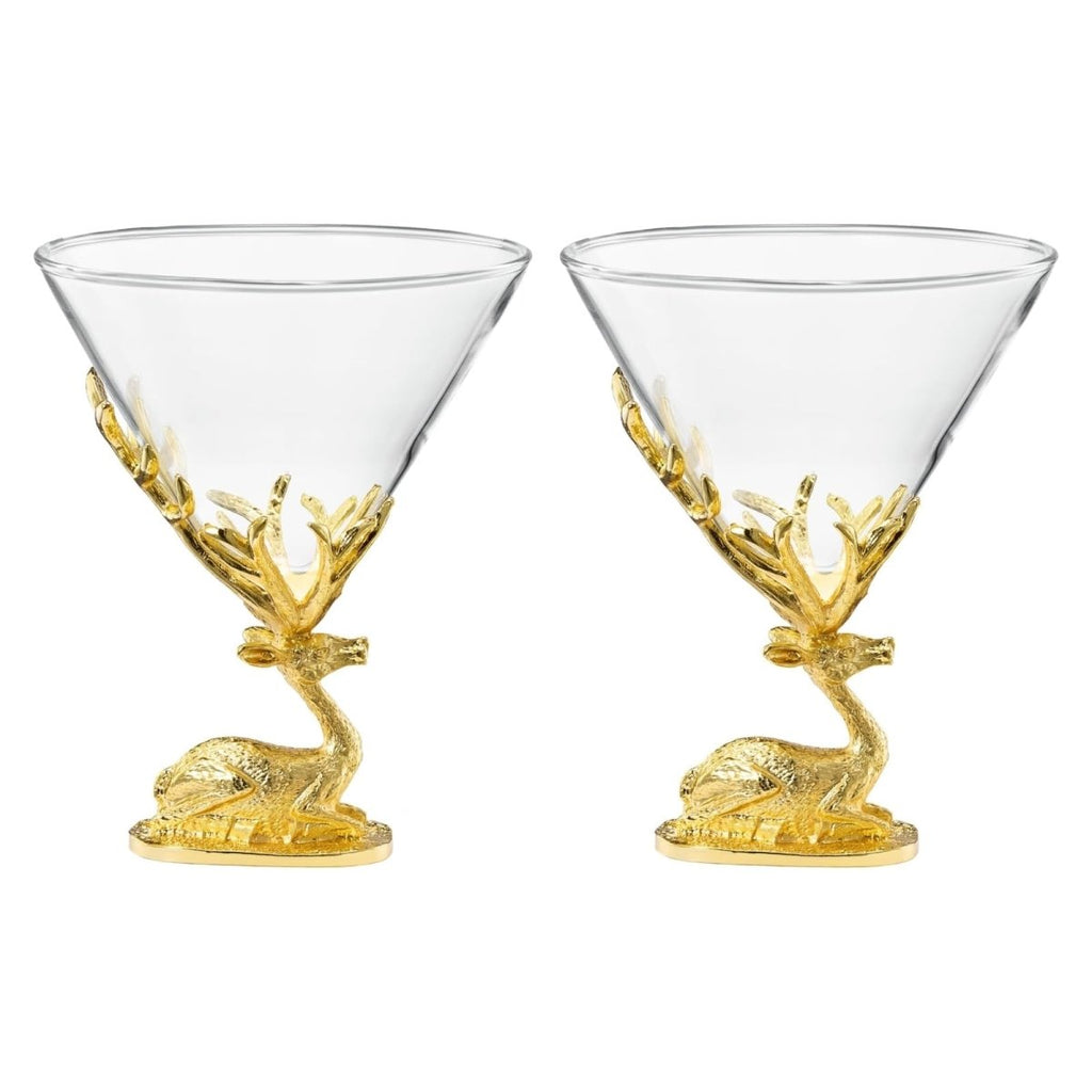 Stag Antler Cocktail Glasses Set of 2 Gold Deer Design Elegant Animal Inspired Barware - HOUSE OF SHE