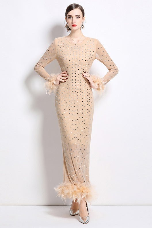 Susie Rhinestone Feather-Trim Maxi Dress - HOUSE OF SHE