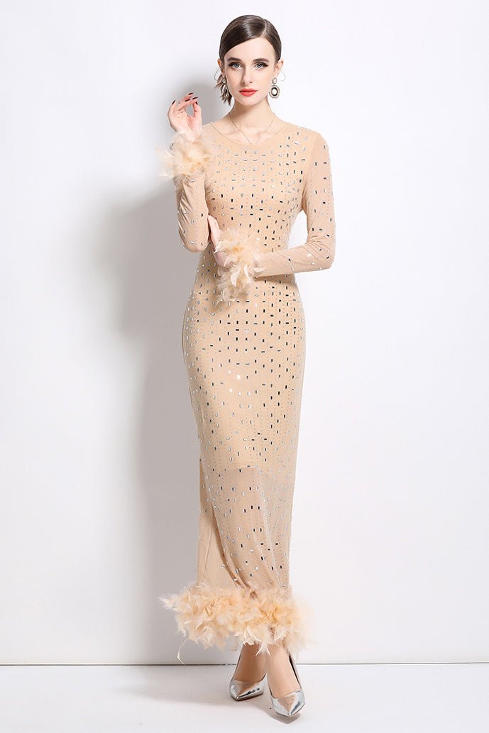Susie Rhinestone Feather-Trim Maxi Dress - HOUSE OF SHE