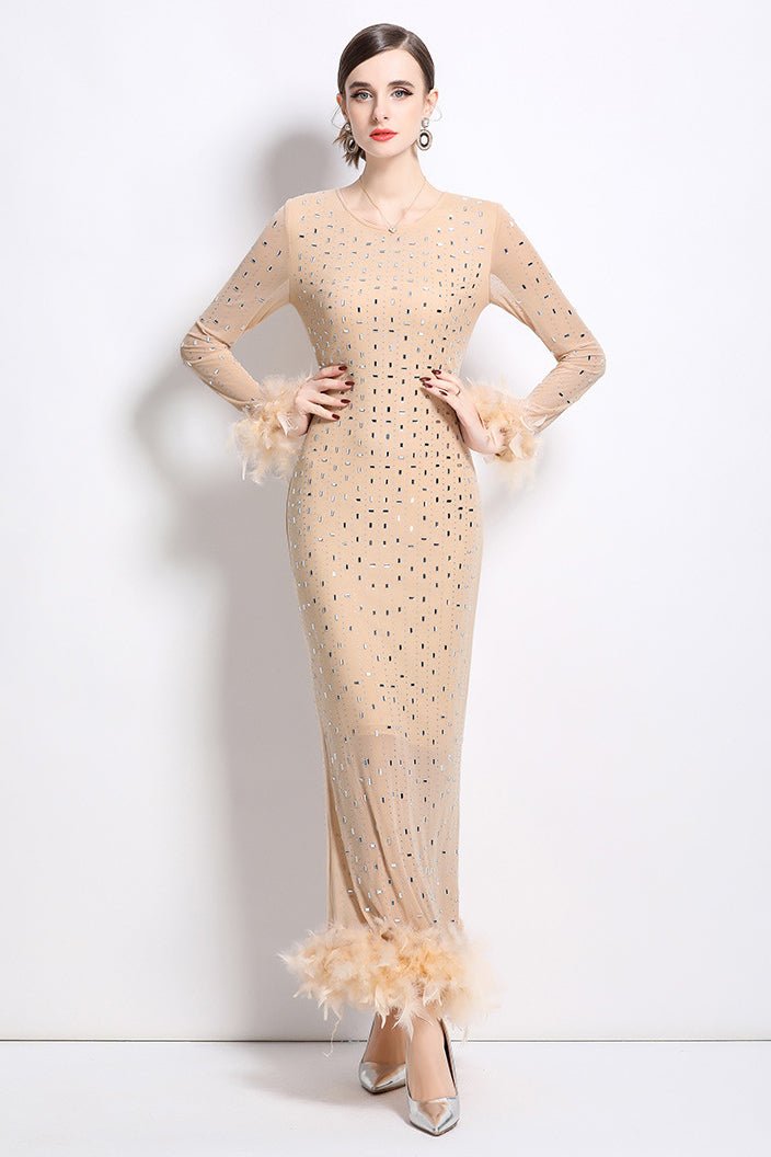 Susie Rhinestone Feather-Trim Maxi Dress - HOUSE OF SHE