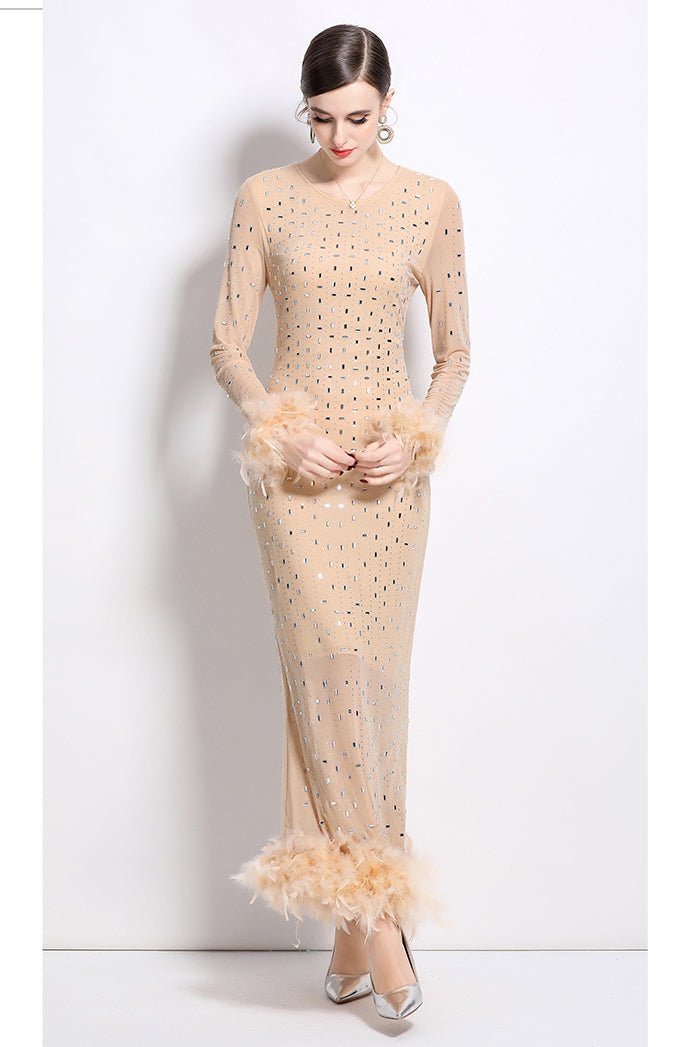 Susie Rhinestone Feather-Trim Maxi Dress - HOUSE OF SHE