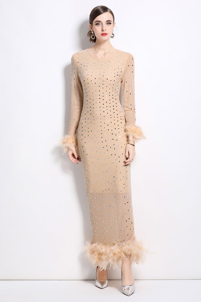 Susie Rhinestone Feather-Trim Maxi Dress - HOUSE OF SHE