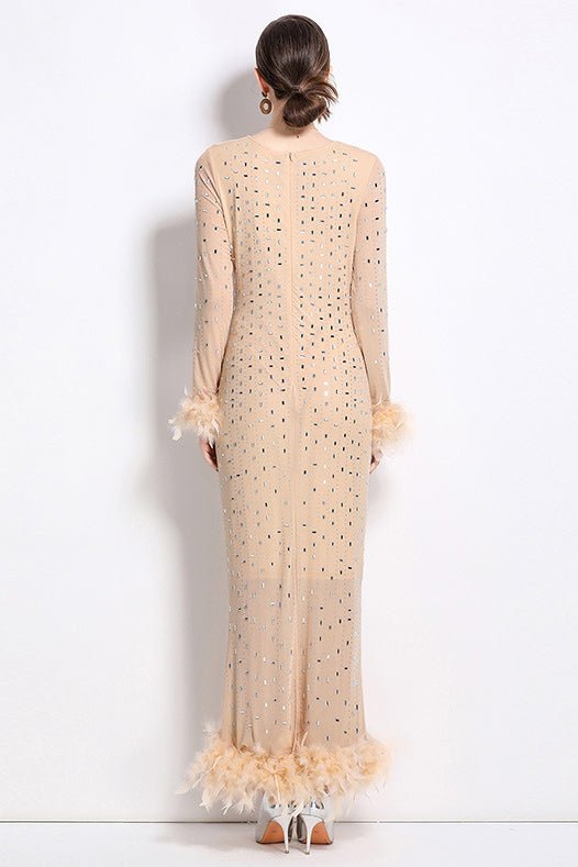 Susie Rhinestone Feather-Trim Maxi Dress - HOUSE OF SHE