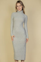 Sweater - Knit Fuzzy Turtle Neck Split Thigh Dress - HOUSE OF SHE