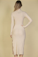 Sweater - Knit Fuzzy Turtle Neck Split Thigh Dress - HOUSE OF SHE