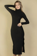 Sweater - Knit Fuzzy Turtle Neck Split Thigh Dress - HOUSE OF SHE