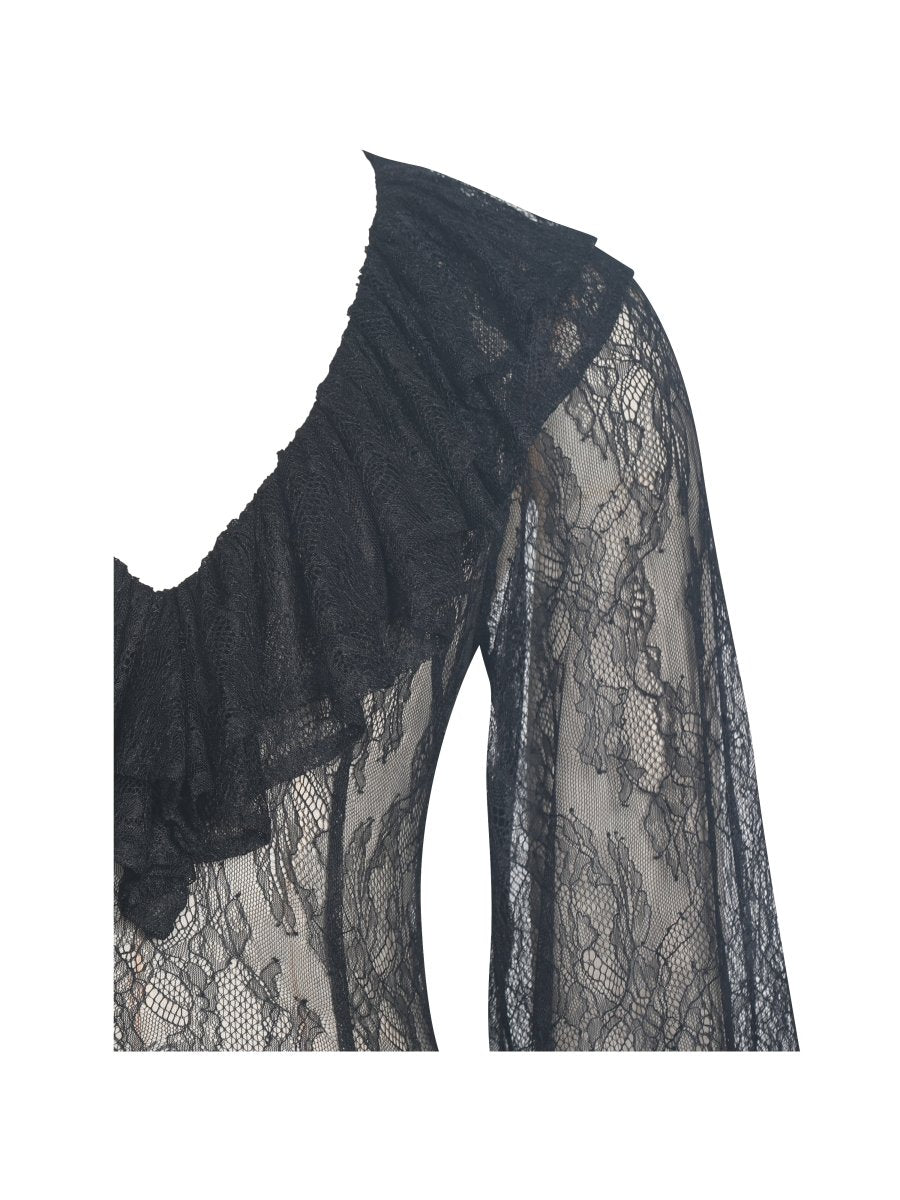 Taliah Black Sheer Lace Ruffled Collar Bodysuit - HOUSE OF SHE