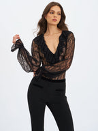 Taliah Black Sheer Lace Ruffled Collar Bodysuit - HOUSE OF SHE