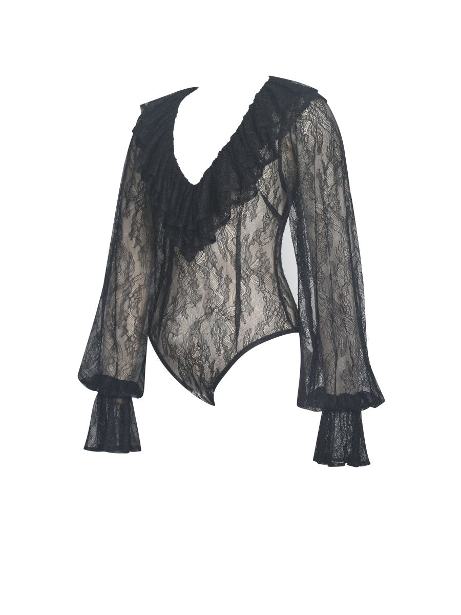 Taliah Black Sheer Lace Ruffled Collar Bodysuit - HOUSE OF SHE