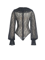 Taliah Black Sheer Lace Ruffled Collar Bodysuit - HOUSE OF SHE