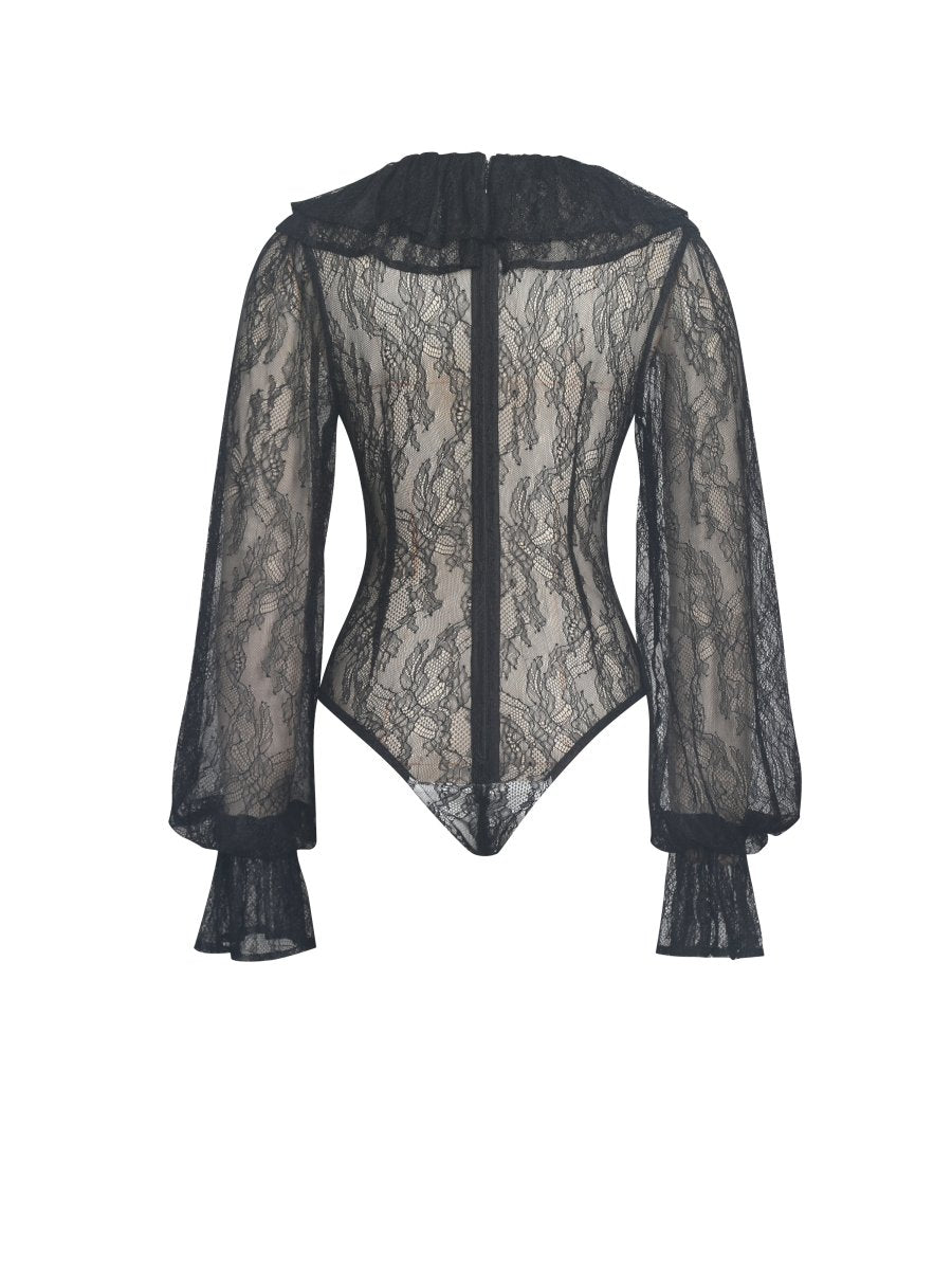 Taliah Black Sheer Lace Ruffled Collar Bodysuit - HOUSE OF SHE