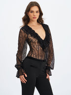 Taliah Black Sheer Lace Ruffled Collar Bodysuit - HOUSE OF SHE