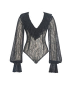 Taliah Black Sheer Lace Ruffled Collar Bodysuit - HOUSE OF SHE