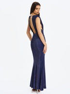 Terri Navy Sparkle Plunging Backless Maxi Dress - HOUSE OF SHE