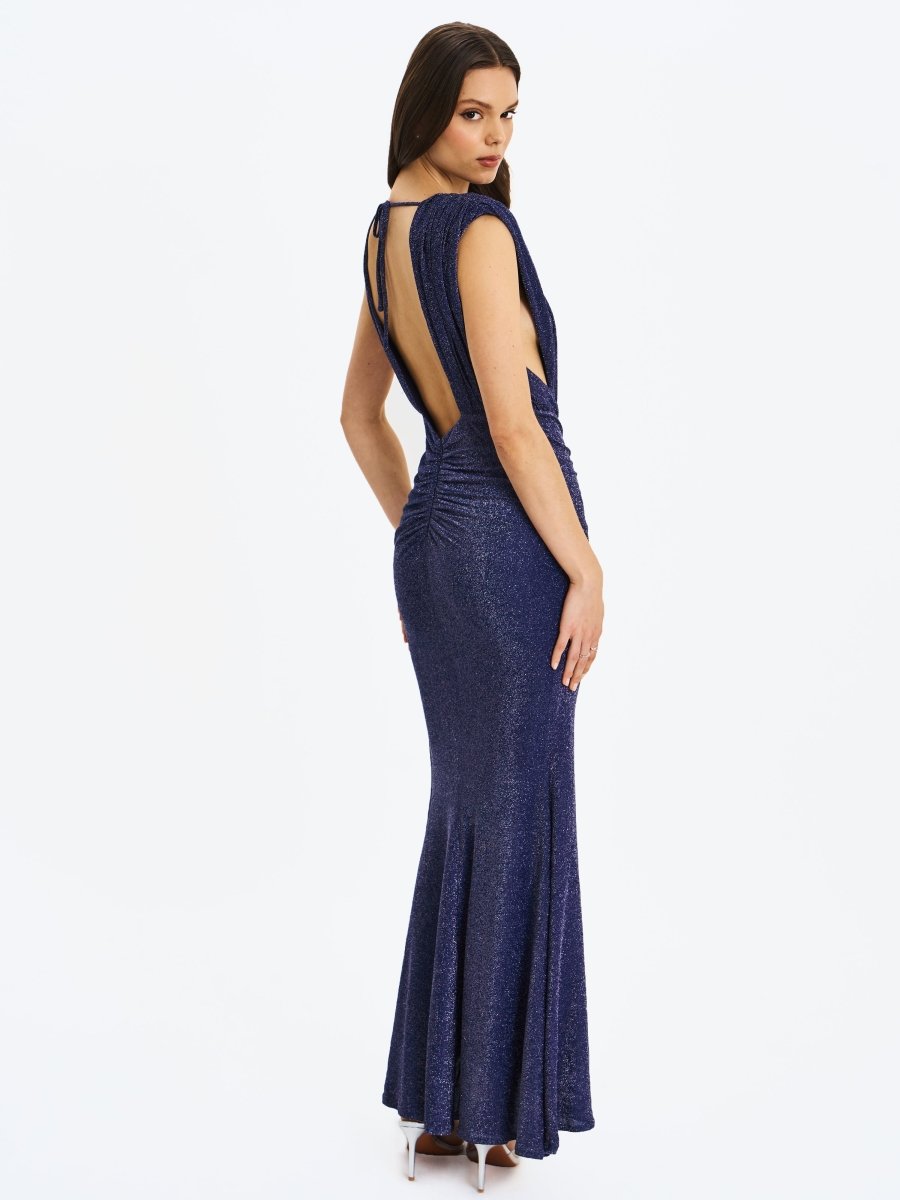 Terri Navy Sparkle Plunging Backless Maxi Dress - HOUSE OF SHE
